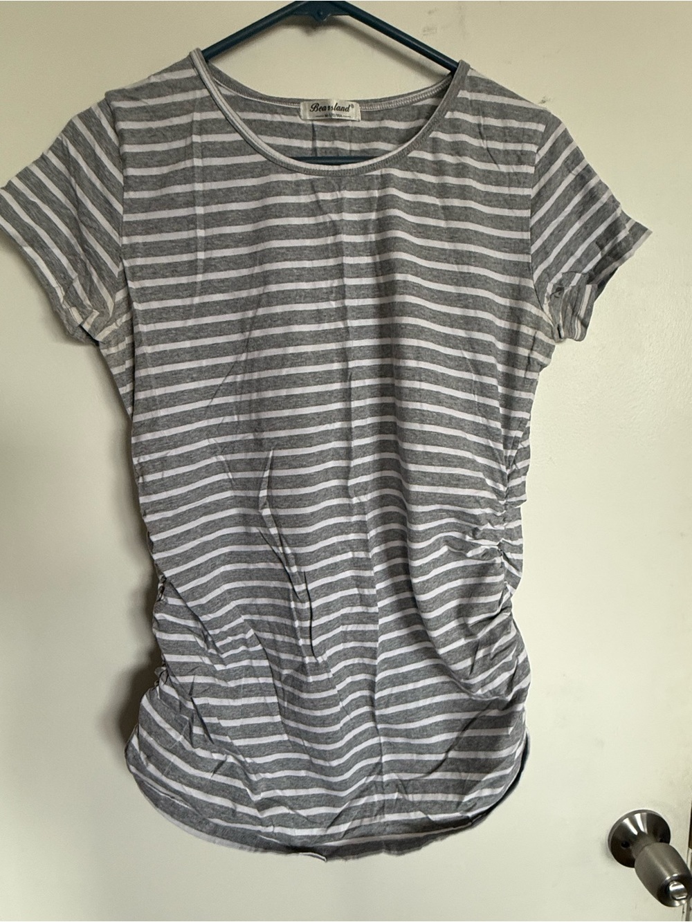 Bearsland Gray White Striped Ruched Maternity Top Size M